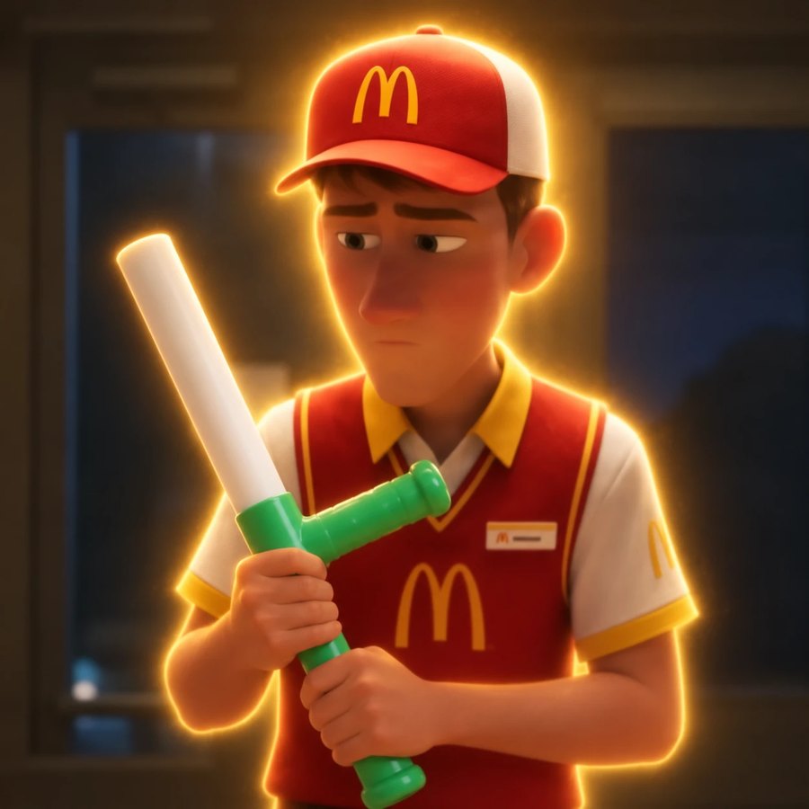 Normie in his red work cap and uniform, glowing gold, holding the white and green baton and staring at it
